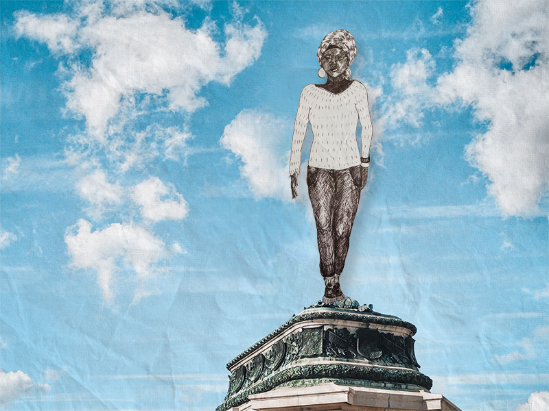 Denkmal: Eine schwarze Frau mit Turban, die geht, gezeichnet auf dem Sockel eines Denkmals