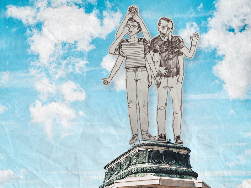 Denkmal: Zwei Menschen mit jeweils vier Armen, gezeichnet auf dem Sockel eines Denkmals