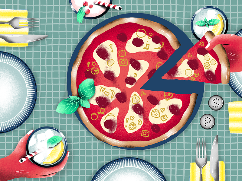Illustration eines gedeckten Tisches. In der Mitte steht ein Teller mit Pizza. Eine Hand hält ein Stück Pizza. Eine weitere Hand greift nach einem Glas Wasser.