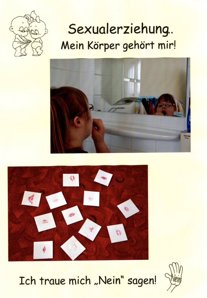 “Sexualerziehung..Mein Körper gehört mir!” – Auf dem ersten Bild steht Hanna vor einem Spiegel im Badezimmer und sieht sich mit geöffnetem Mund an. Auf dem zweiten Bild liegen weisse Papierausschnitte auf dem Boden. Darauf sind Kussmünder.