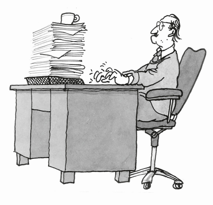 Illustration: Ein Mann sitzt an einem Schreibtisch mit einem großen Papierstapel darauf und schreibt etwas.