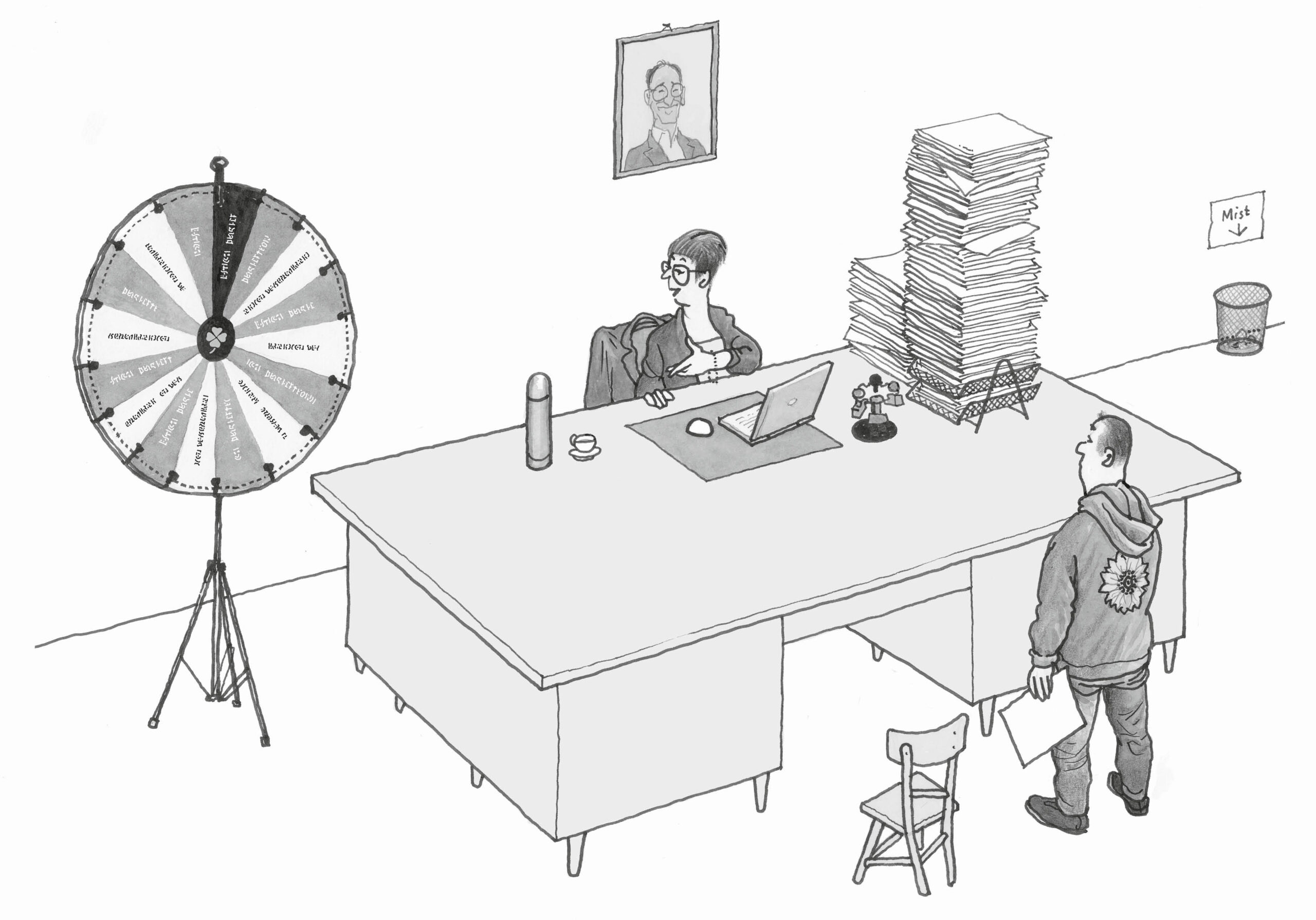 Illustration: Ein Mann steht vor einem Schreibtisch. Dahinter sitzt eine Frau. Neben dem Schreibtisch steht ein großes Glücksrad.