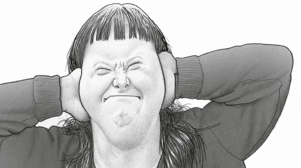 Illustration: Eine Frau kneift die Augen zusammen und h&auml;lt sich die Ohren zu