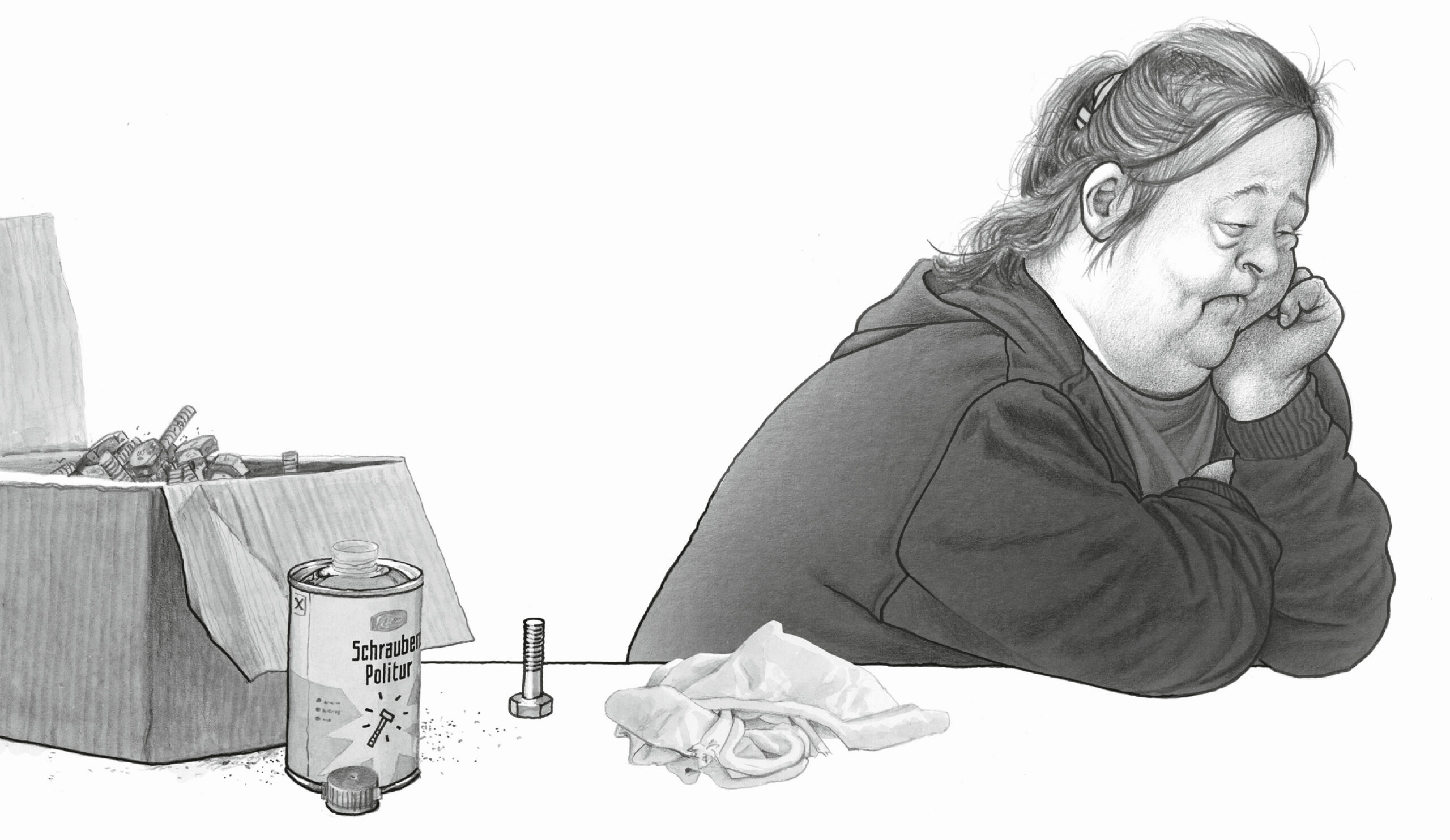 Illustration einer Frau die ihren Kopf auf den Tisch abgestützt hat und verdrossen in die Ferne blickt.