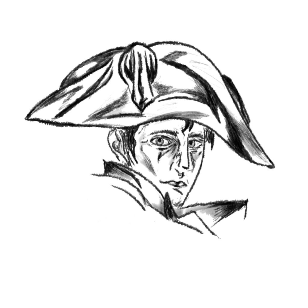 Bleistiftzeichnung von Napoleon Bonaparte. Man sieht das Gesicht eines jungen Mannes mit grossem Hut.