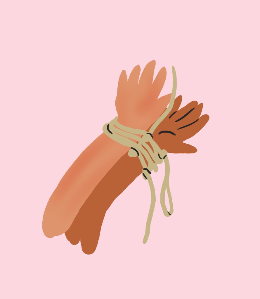 Die Illustration zeigt zwei Hände in verschiedner Hautfarbe, die mit einem Seil verknotet sind.