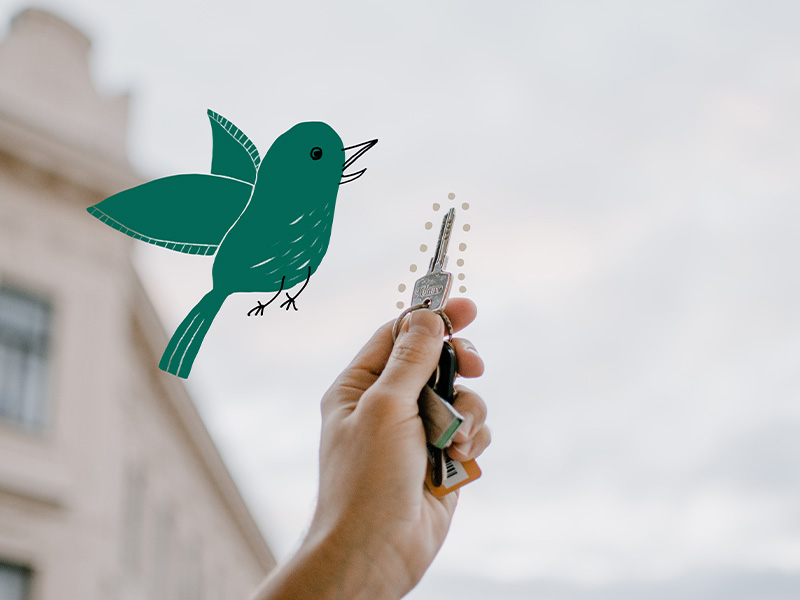 Das Bild zeigt eine ausgestreckte Hand, die einen Wohnungsschlüssel nach oben hält. Links davon ist ein Illustration von einem fliegenden Vogel in Grün. Die Zeichnung kann als Symbol für die Freiheit verstanden werden.