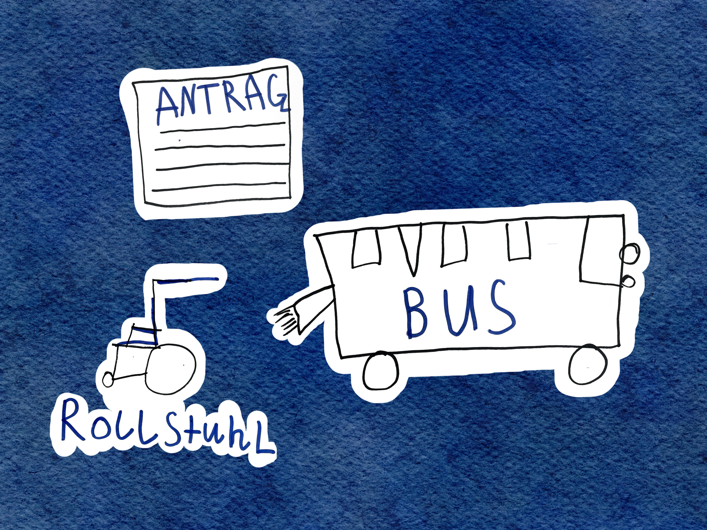 Eine einfache Zeichnung eines Busses, eines Rollstuhls und eines Antrags auf blauem Hintergrund